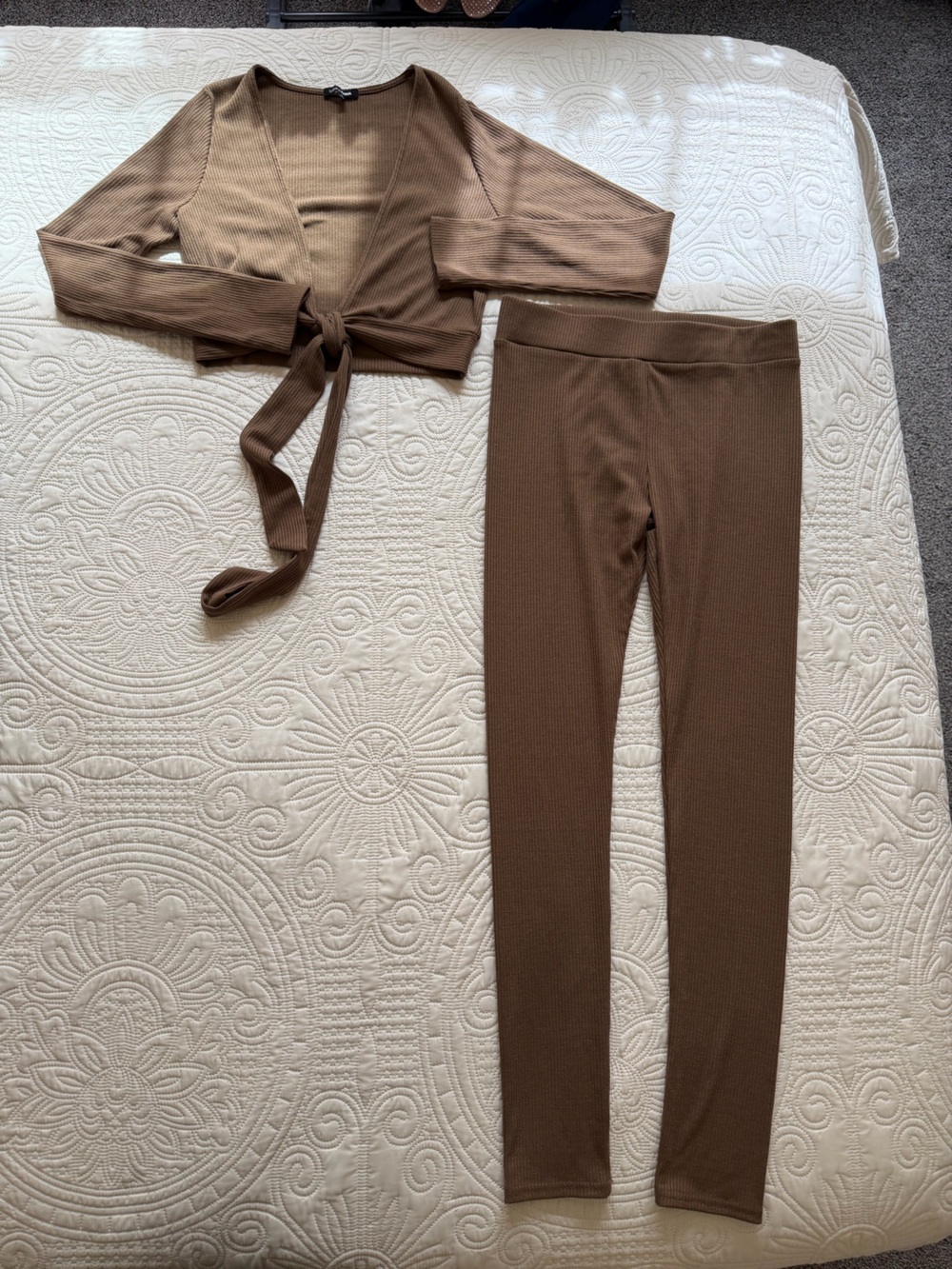 Fashion Nova Ribbed Set in Camel Brown